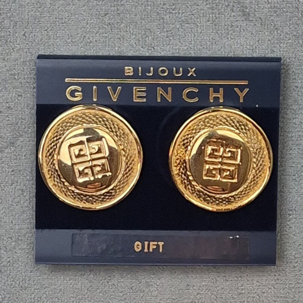 Vintage Givenchy Gold Tone Medallion Designer 4G Logo Clip On Earring Signed NEW